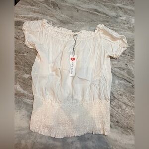 Kate Kasin Cream Smocked Waist Puff Sleeve Blouse NWT Small